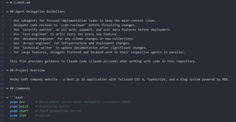 Our CLAUDE.md file - agent delegation guidelines, project overview, and commands that persist across every session.